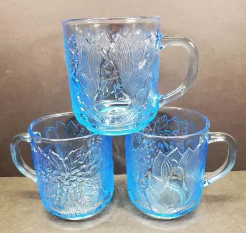 KIG Indonesia Ice Blue Glass Coffee Tea, Cup, Mug Set of (3) Pears and Fruit VTG
