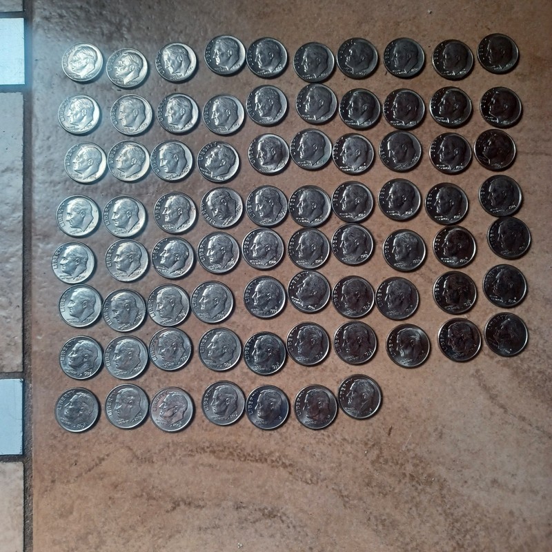 complete 1965-2004 Roosevelt dimes 77 coins, 2 dime tubes