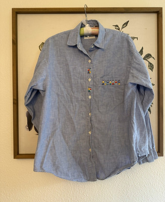 Alex Harrison Women s  M Blue Chambray Cotton Embroidered People LS Pocket Shirt