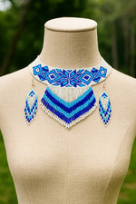Handmade Blue Beaded Necklace Earrings Set Tribal Native Boho Jewelry Set