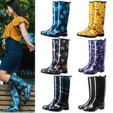 HISEA Women Fashion Printed Rain Boots Waterproof Non-Slip Glossy Tall Wellies