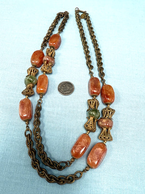 VINTAGE  MIRIAM HASKELL 35'' BRUSHED GOLD TONE LINK FILAGREE  STONE  NECKLACE