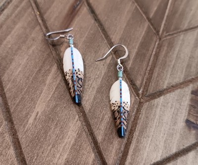 Vintage Native American Carved Buffalo Bone Feather Dangle Earrings 