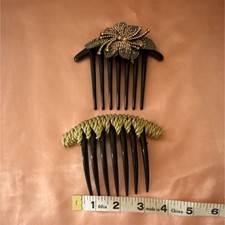Set of 2 Black/Gold Plastic  Metal Floral Hair Combs with Beaded Accents