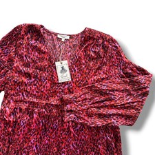 Easel M Red Purple Animal Print V-Neck Balloon Sleeve Tiered Babydoll Mini Dress