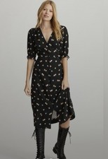 Anthropologie Black Floral Midi Dress US 4 Button Front Puff Sleeve Cottagecore