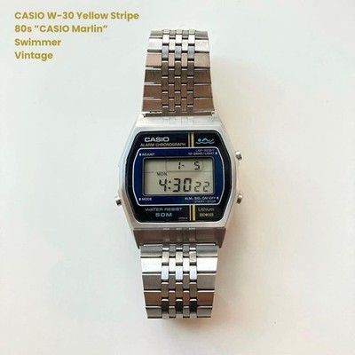 Casio W-30 Marlin Swimmer Watch Yellow Stripe Vintage 80s From Japan