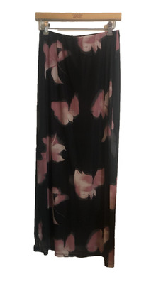 Womens Size Medium Love Fire maxi Slip Skirt With Sheer Floral Overlay