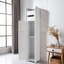 White Free Standing Toilet Paper Roll Holder Stand Wood Bathroom Storage Cabinet