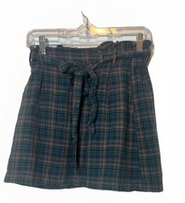American Eagle Women Skirt Green Plaid Linen Blend Belted A Line Mini Size XS