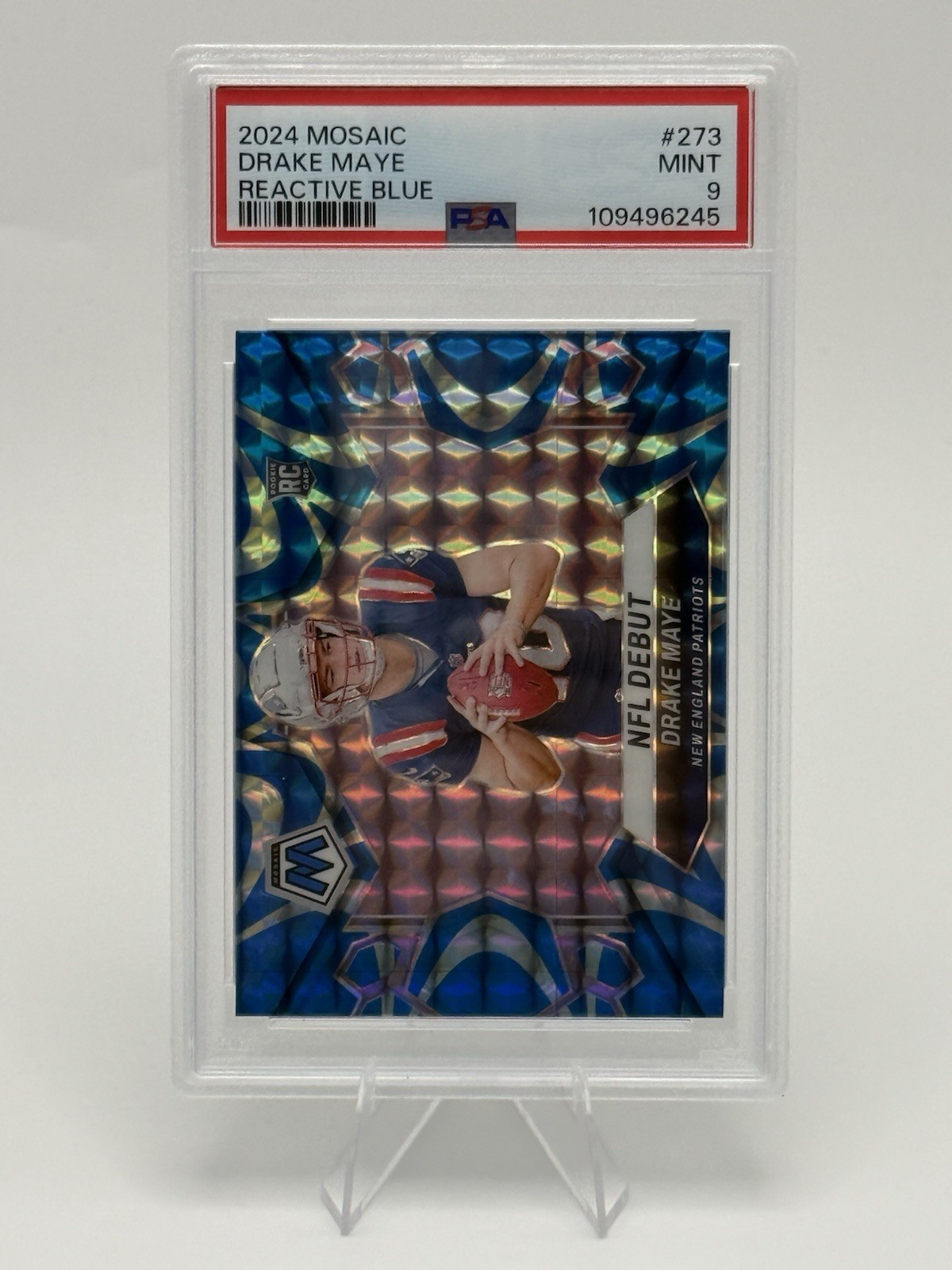 Panini 2024 Mosaic Drake Maye Patriots NFL Debut RC Reactive Blue #273 PSA 9