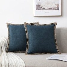 2 Farmhouse Throw Pillow Covers Burlap Linen Trim Edges 22x22 Dark Blue