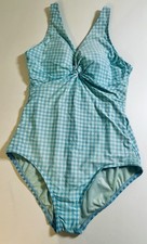 Lands End Sz 10 One-Piece Swimsuit Turquoise Gingham Twist Front Adj.Straps EUC