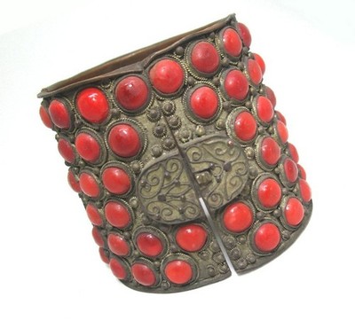 Early China Plated Brass / Coral Colored Glass Bracelet  missing 2 glass sets