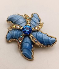 Vintage Blue Starfish Brooch Pin Molded Swirl Resin AB Rhinestone Nautical 1.75"