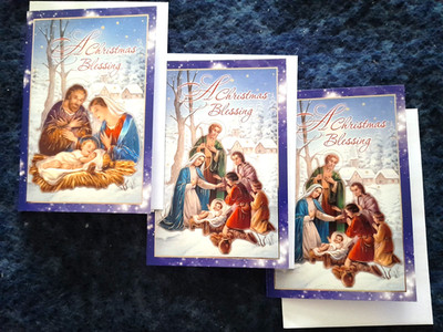 Eine Weihnachtssegenskarte x 3 Krippe Josef und Maria mit Jesuskind in Krippe