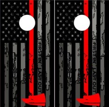 Firefighter American Flag Red Line Cornhole Wraps Boards Decals Bag Toss