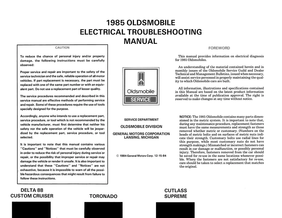 1985 Oldsmobile Electrical Troubleshooting Manual Cutlass Supreme Delta 88 - Imagem 3 de 4