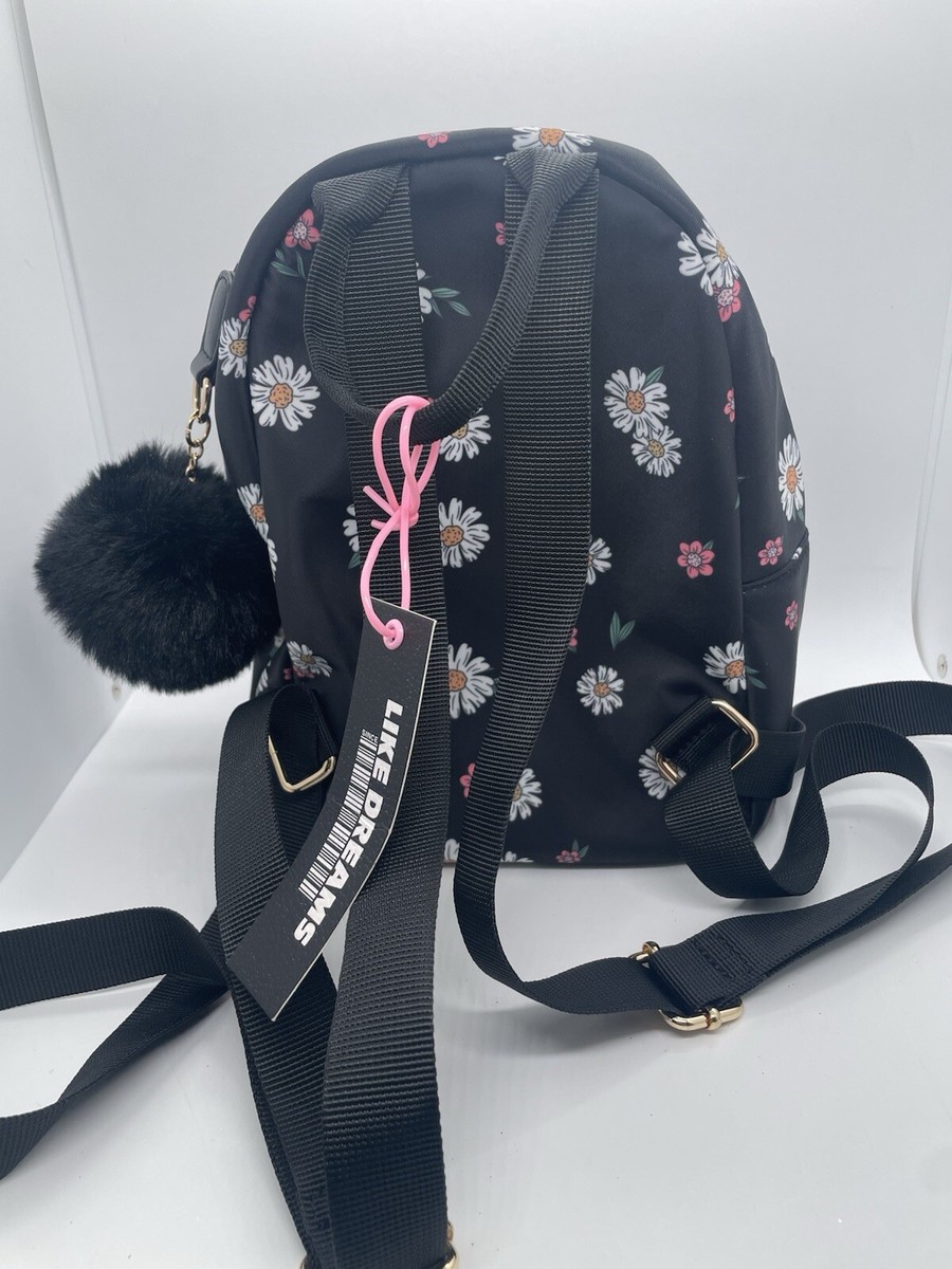LIKE DREAMS Nylon Mini Black Floral Backpack With Fur Ball  display picture 3