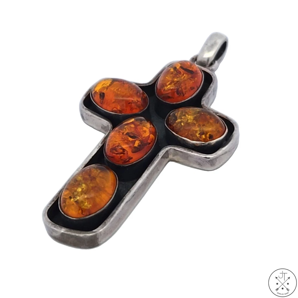 Colgante Cruz Plata Esterlina Vintage con Cabujones Ámbar Báltico Foto 4 de 4
