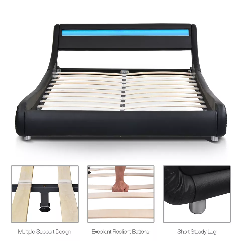 Sifurni Queen Size Modern Platform Bed Frame with LED Lights Headboard, Black - Image 4 of 4