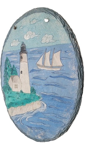 VTG HAND PAINTED LIGHTHOUSE Sailboat SLATE ROCK WALL HANGING NAUTICAL BEACH - Picture 3 of 4