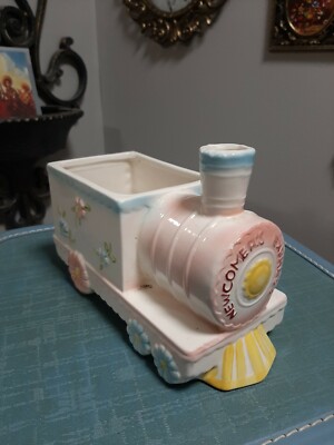 Vintage Train Planter Newcomer's Express Ceramic Baby Unisex Nursery Pink Blue