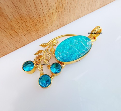 Australian Opal Gold Plating Leaf Pendent, Handmade 2.3″ Pendent Gift For Woman - Picture 2 of 5