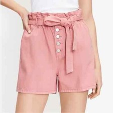 NWT LOFT Button Front High Rise Paperbag Pull On Shorts Pink Small w/ tie belt