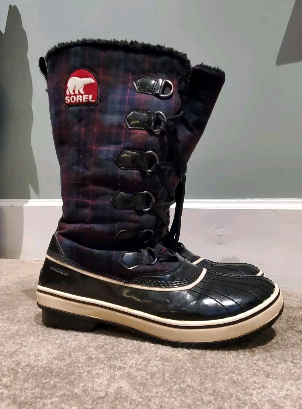 SOREL Tivoli Winter Snow Boots Womens Size 9 US Duck Style Plaid Purple Green