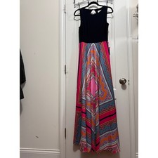 Eliza J Scarf Print Maxi Dress Womens Size 8  Navy Pink Sleeveless Keyhole Back