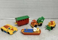 Vintage Bruder Germany Mini Plastic Toys Boat,Train,Car,Fork Lift, Cement 5 Lot