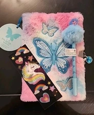 Journal/Diary Girls Butterfly Cover/furry With Pen & 3D Bookmark 