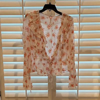 Free People Sheer Floral Ruffle Tie Front Chiffon V-Neck Blouse S/P
