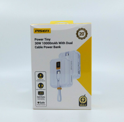 PISEN 10000mAh Portable Power Bank - Fast Charger with Built-in USB Cab - Blue