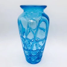 Vintage Margie's Garden Hand Blown Blue Art Glass Vase 10",  Abstract Pattern