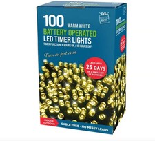 100 Warm White LED Christmas Lights Battery Timer Indoor Outdoor String