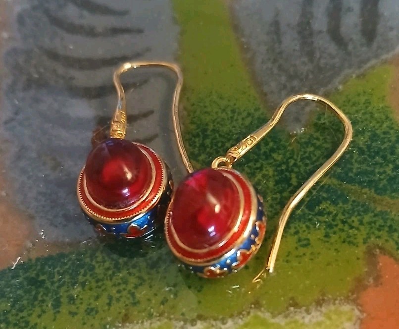 Ruby Red Glass  Cloisonne Dangle Drop Pierced Gol… - image 5