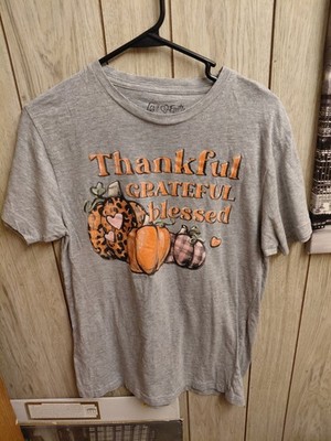 Love And FaithThankful Grateful Blessed Fall Shirt With Pumpkins Gray Medium