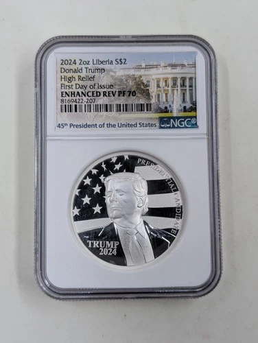 2024 2oz Liberia S$2 NGC Enhanced Rev PF70 Donald Trump High Relief FDOI