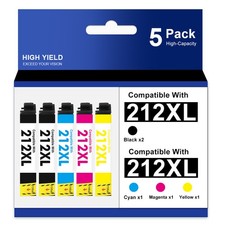 5 Pack 212XL Ink replacement for Epson Workforce XP-4100 XP-4105 WF-2830 WF-2850