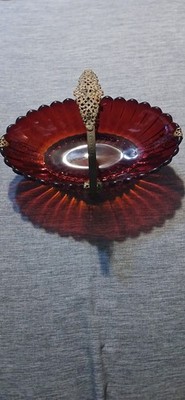 Antique Imperial Ruby Red Glass Basket with Brass Filigree handle and Accents