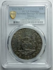 RARE 1733 MX F Mexico 8 Reales shipwrecked coin Calico 1435  PCGS XF det