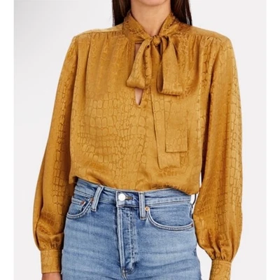Anine Bing Delilah Tie Neck Jacquard 100% Silk Blouse Gold Mustard L