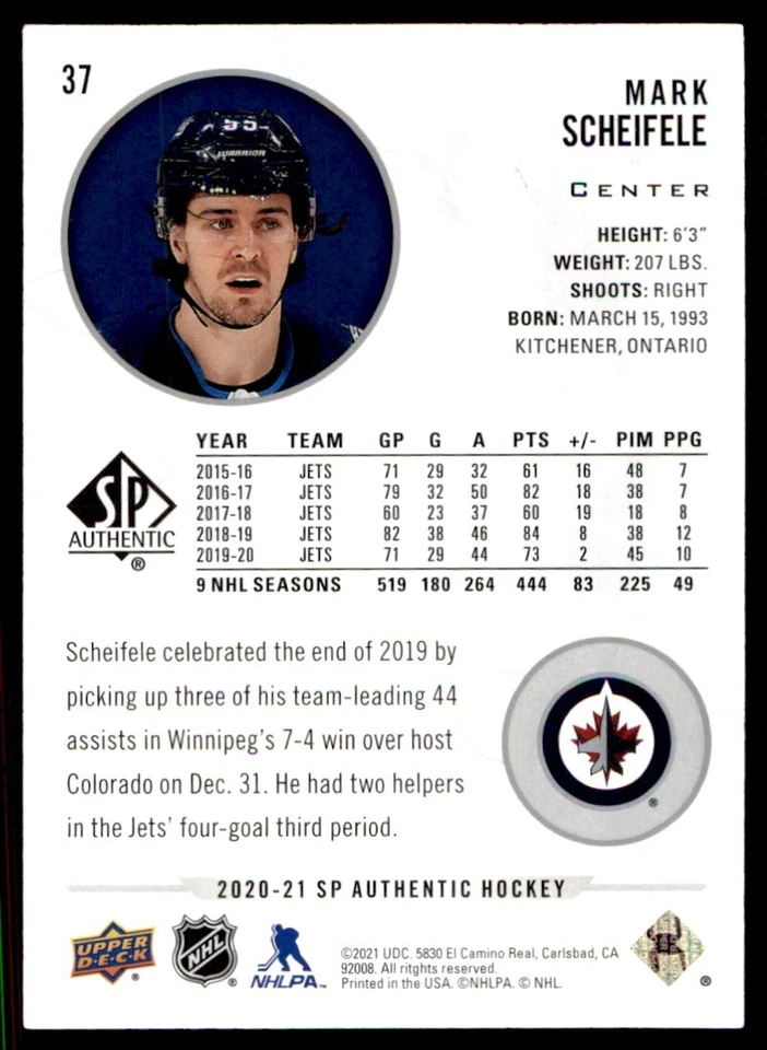 2020-21 SP Authentic Mark Scheifele Winnipeg Jets #37 - Image 2 of 2