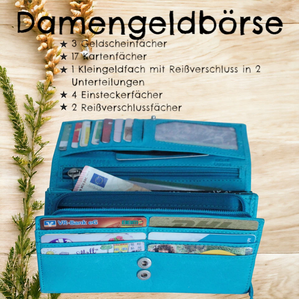 flevado Große Damengeldbörse RFID Schutz Echt Leder Doppelnaht Farbe wählbar - Bild 2 von 4