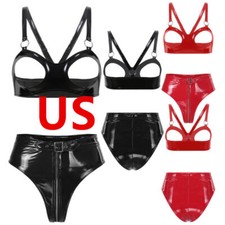 Womens Bra with Panties 2 Piece Lingerie Set Wetlook Leather Teddy Underwear