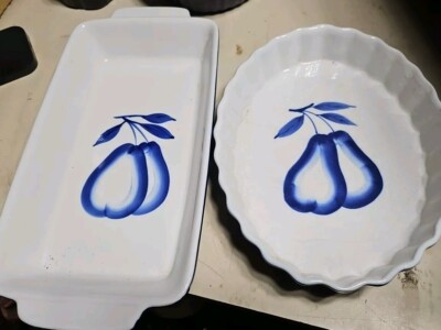 Dansk Dan121? PAIR baking Dishes Tart Cobalt & White/Blue Pear Center 
