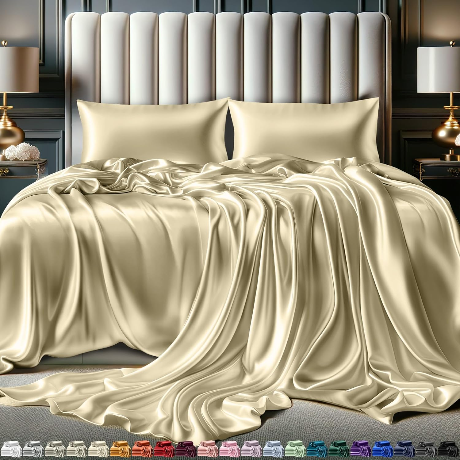 Satin Sheets Queen Size Set 4 Pcs - Silky & Luxuriously Soft Satin Bed Sheets W/