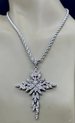 ESTATE SILVER PLATED DIAMANTE CROSS STAR PENDANT SIGNED NECKLACE CHAIN 17''